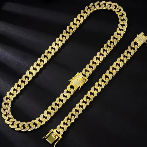 Iced Out 18k Gold Plated Cuban Necklace Bracelet Set THICK 12mm Miami Bling NEW - Picture 4 of 7